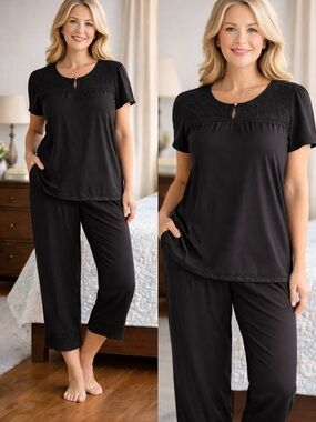 Anthony Richards 2 Piece Set Women LP Black Rayon Lounge Outfit Top & Pants